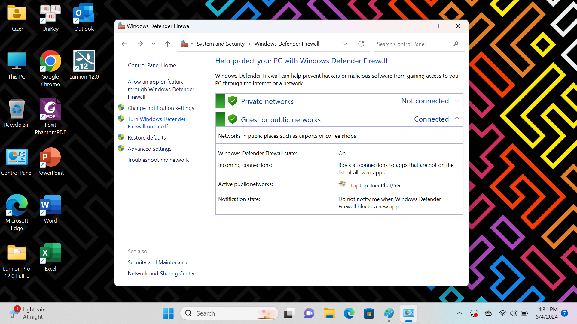 Turn windows Defender Firewall on or off